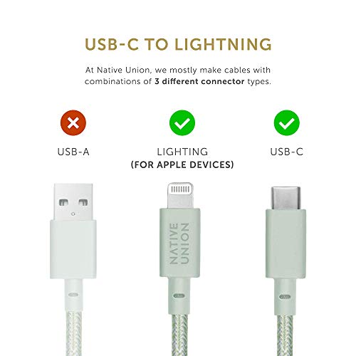 Native Union Belt Kabel USB-C do Lightning - bardzo wytrzymały kabel wzmocniony 1,2 m [certyfikat MFi] kompatybilny z iPhone 14, iPhone 13 i wcześniejszymi wersjami (Sage)