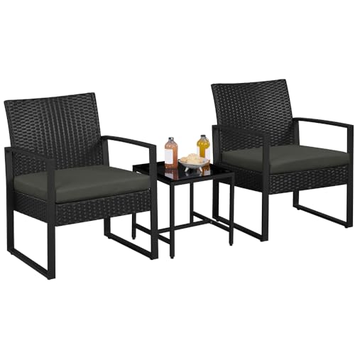 Yaheetech Conjunto de Mesa y Sillas Exterior Juego de Muebles Jardin con Cojines Silla Ratán Impermeable para Terraza Balcón Negro y Gris