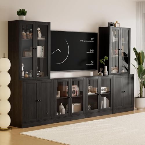 TUSY 71' TV Stand Storage Set - 2 Tall Bookcases & 2 Side Cabinets, Media Console with Glass & Wood Doors, Entertainment Center with Drawers, Tall Media Console for Living Room (Black, ADDA)