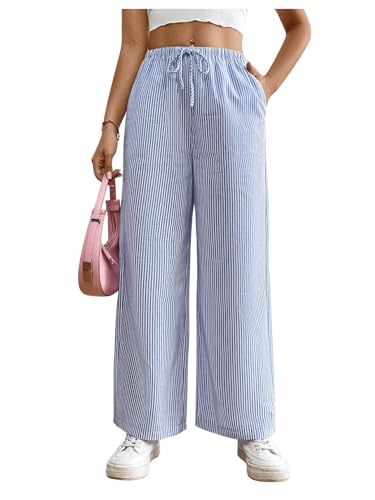 Floerns Women's Striped Elastic Drawstring Waist Straight Wide Leg Pants with Pockets