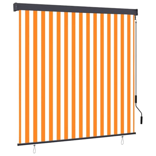 Estor para exteriores, color blanco y naranja, 180 x 250 cm, de tela y aluminio con manivela, para ventanas sin taladrar, estor opaco para balcón, jardín y terraza