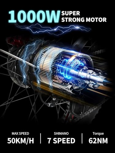 Image of Electric Bike for Adults 1000W 50+ Miles 80 NM Torque Full Suspension Ebikes for Adults 30 mph Commuting Bright Headlight Dual Disc Brakes E Bike, 26 inch Fat Tire 30 Max Slope