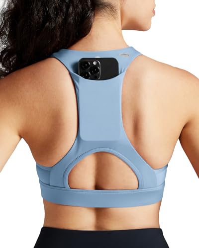 Queenie Ke BareFlow Sports Bras for Women V-Neck Medium Support Raceback Phone Pocket Bra Removable Cups Yoga Workout Tank Top (Blue Bell, XX-Large)