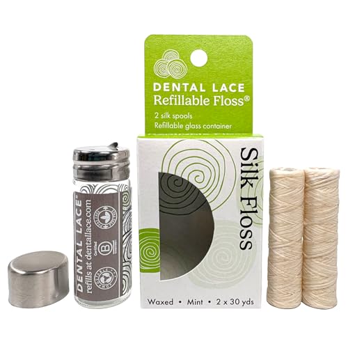 Dental Lace Refillable Silk Dental Floss – 100% Silk Floss with Mint Flavor, PFAS & PTFE Free – Includes 1 Refillable Glass Floss Container and 2 Spools (Total 60 Yards) – Recyclable Packaging
