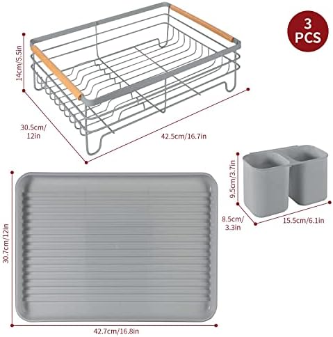 Vinsani Deluxe Dish Drainer Drying Rack with Wooden Handles Drip Tray Draining Board and Removable Cutlery Holder, Minimalist Dish Rack, 42.5 x 30.5 x 14cm (Grey)