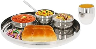 Indian Thali Set Stainless Steel Dinner Set of 6 Traditional Thali Plate Serving Dish Bowls Katori Spoon Tumbler Lunch Dinner Dining Serveware, Round, Curved Belly Shape