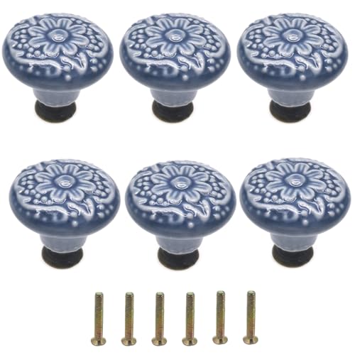 Mimhooy 6Pcs Blue Ceramic Drawer Knobs - Vintage Floral Cabinet Knobs