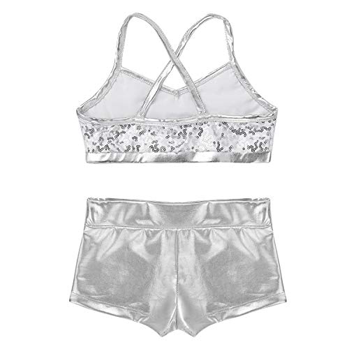 Image of easyforever Kids Girls 2PCS Shiny Mermaid Scales Ballet Dance Outfit Crop Top with Short Tankini Swimsuit