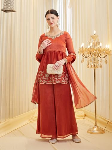 Image of MOKOSH Women's Silk Embroidered Kurta Set with Dupatta | Ethnic wear | 3 Piece Outfit | Festive Kurta Set | Peplum Kurti Sharara & Dupatta | Sweetheart Neck