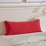 Fancy Homi 1 Pack Red Long Lumbar Body Decorative Throw Pillow Covers 14x36 Inch with Pom-poms for Couch Sofa Bed, Farmhouse Boho Rustic Decor, Soft Corduroy Rectangle Solid Pillow Case 35x91 cm