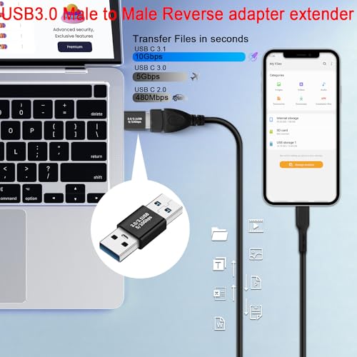 QIANRENON Wtyczka USB 3.0 wtyczka na wtyczkę kąt 180 stopni, przedłużacz 5 Gbps, USB 3.0, USB 3.1, gen1, ładowanie danych, złącze wsteczne, wtyczka 5 V/3 A, powłoka Al, do rozszerzenia USB, laptopa,