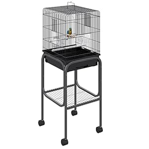 Pawhut 44.5″ Metal Indoor Bird Cage Starter Kit With Detachable Rolling Stand, Storage Basket, And Accessories – Black