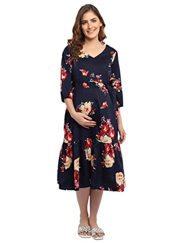 Image of Women's Crepe Maternity Midi Dress /Floral Print Pregnancy Dress /Easy Breast Feeding /Breastfeeding Dress /Western Dress with Zippers for Nursing Pre and Post Pregnancy