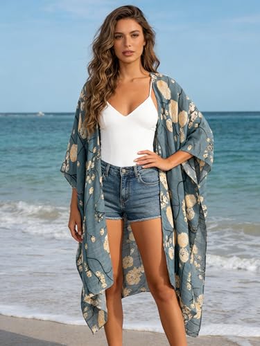 Image of Breezy Lane Women's Kimono Cardigan Summer Swimsuit Coverups Beach Cover Up with Floral Print for Vacation