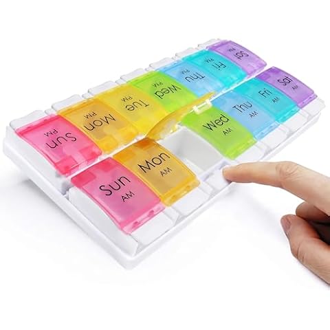 MOLN HYMY Large Pill Organizer 2 Times a Day, AM PM Pill Box 7 Day Twice Daily, 14 Dividers Vitamin Holder with Easy Push Button Cover
