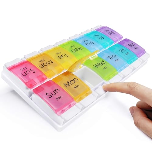 Large Pill Organizer 2 Times a Day, MOLN HYMY AM PM Pill Box 7 Day, 14 Dividers 2 Week Medicine Pill dispensers with Easy Push Button for Medication, Vitamins, Fish Oils, Supplements
