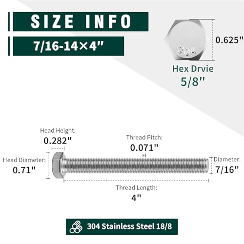 Image of (6 Sets) 7 /16-14 x 4 inch Hex Bolt and Nut Kit, 304 Stainless Steel (18-8), Fully Threaded, Flat & Lock Washers Included