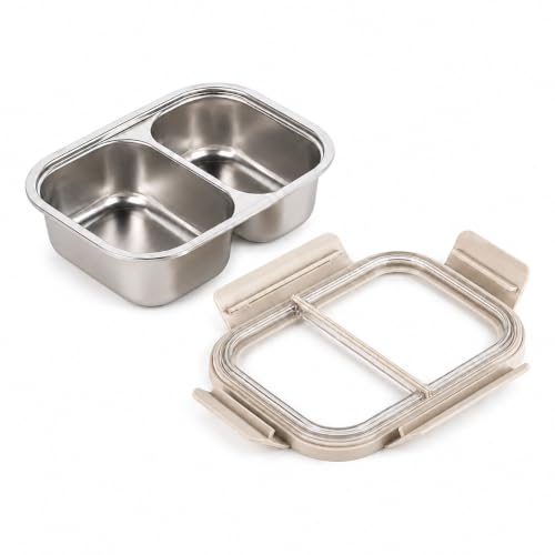 Image of Motka Premium 600 ml Divided Bento Lunch Box | 316L Stainless Steel 2 Compartment with Detachable Leak-Proof Locking Lid | Airtight Tiffin Box for Kids, School, Office & Travel (Beige)