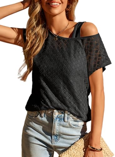 Dokotoo Womens Summer Boho Cover Ups Two Piece Set Off the Shoulder Tops for Women 2026 Casual Lace Hollow Out Oversized T Shirts Lining Blouse Spring Solid Women's Clothing Black