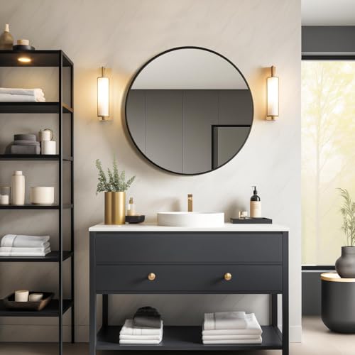 Image of USHOWER 24 Inch Black Round Mirror for Over Sink | Circle Bathroom Mirror, Metal Frame Vanity Mirror, Modern Wall Mirror for Entryway Living Room