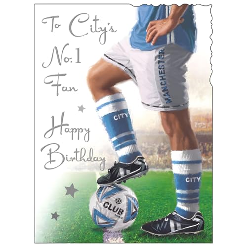Image of Manchester City Birthday Card - Football Design - No. 1 Fan - Special Finishes and Illustrated Insert Leaf - Made in the UK