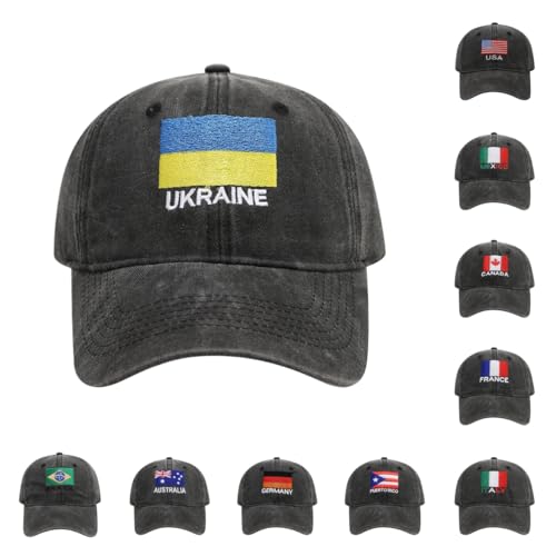 85g 2026 Soccer Flag Cap, Deep-Fit Distressed Cotton Dad Hat, 3D Embroidered Patriotic Hat for Stadium [Shape Retention] (UKPAINE)
