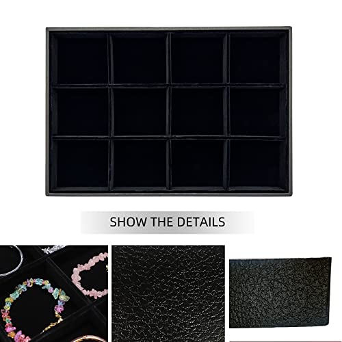 Image of Wudygirl 12 Grid Jewelry Tray Display Stackable Storage Earring Brooch Velvet, Black (12 Grid Jewelry Tray)