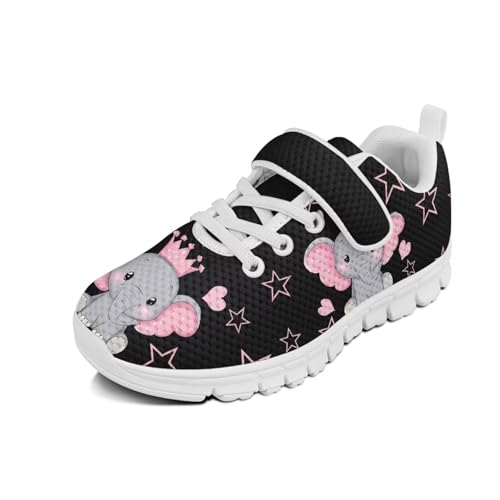 Boys Girls Sneakers Kids Breathable Lightweight Strap Tennis Athletic Running Shoes Cute Elephant Pattern White Sole