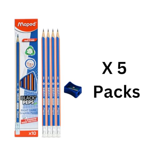 Image of Maped Wood Free & Pre-Sharpened Pencils- 5Box Combo|50Pcs Rubber Tip Pencils With 5 Free Sharpeners|Triangular Shape For Easy Grip|Soft And Extra Dark||Useful For Writing & Sketching, Ink Color-Black