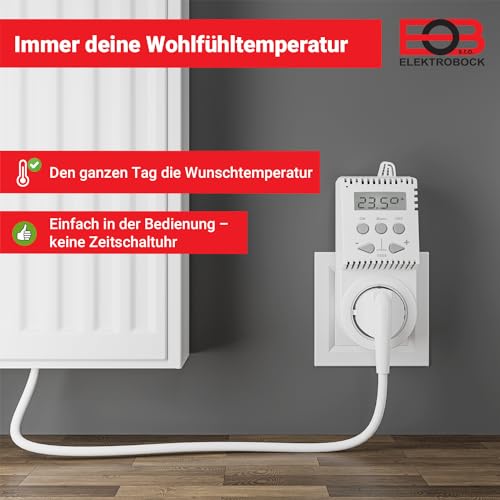 ELEKTROBOCK TS05 Steckerthermostat - Einfach zu Bedienen - Elektrische Heizungen - Infrarotheizung und Heizlüfter - Einstellbarer Temperaturbereich mit Frostschutz