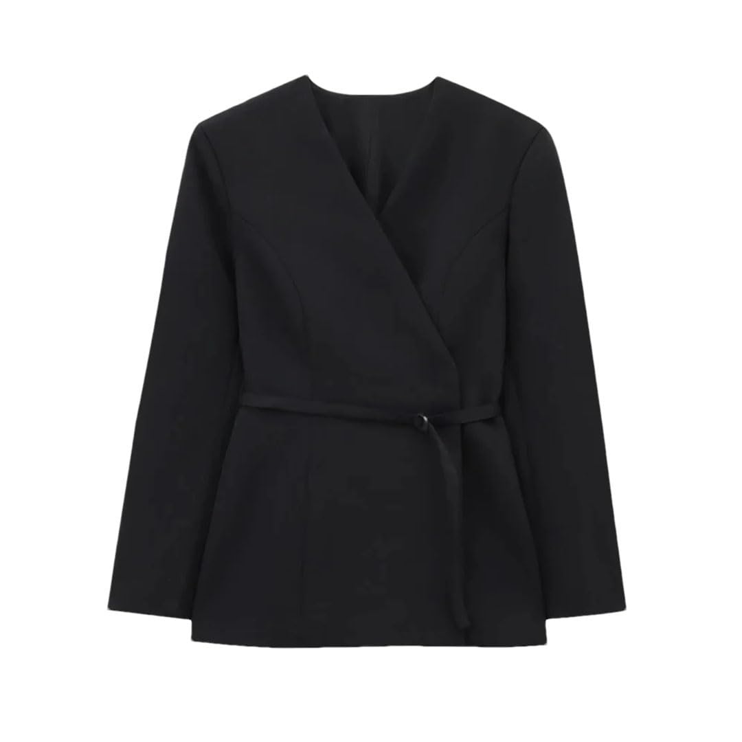 Womens Belted Wrap Blazer V-Neck Button Front Casual Suit Jacket with Waist Tie Office Evening Coat