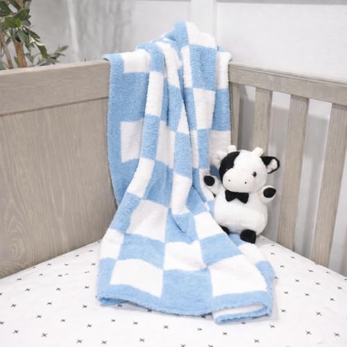 Image of L+L USA Checkered Baby Blanket 28 inchx40 inch - DreamSoft Knit Throw for Crib, Stroller or Car Seat - Soft Blanket /Newborn Nursery Gift Essential for Toddler, Infant, Kids, Boys & Girls (Steel Blue /White)