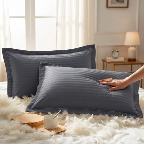 Image of Home Sizzler 210TC Satin Stripe Microfibre King Size Pillow Covers (18 X 27 Inches) - Grey, Set of 2