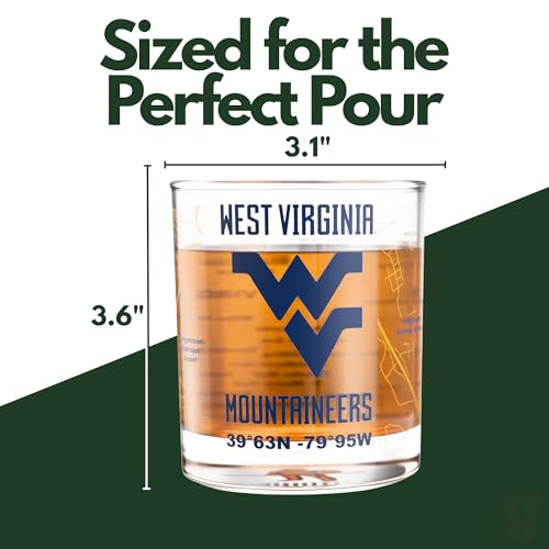Image of Greenline Goods West Virginia University Mountaineers Whiskey Glasses Set of 2, 10 oz Rocks Glasses with Full-Color Logo & Campus Map - Officially Licensed Bourbon Glass Gift for Alumni & Fans