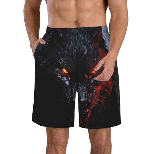 Men's Swim Trunks Quick Dry Board Shorts Mens Bathing Suit Swimsuits Big Black Wolf with red Eyes Beach Shorts with Pockets