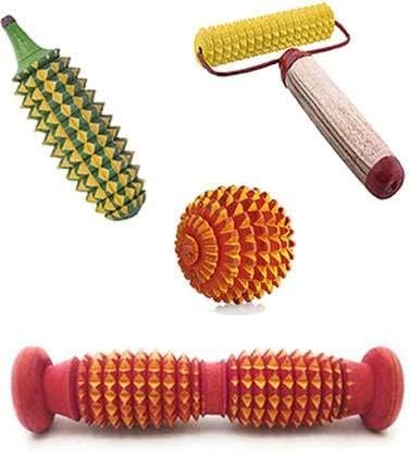 NETCLUB Acupressure Massager Tools Combo Kit With Foot Roller Wooden + Wooden Handle Roller + Wooden Karela + Wooden Ball Acupressure Kit blood circulation body massager