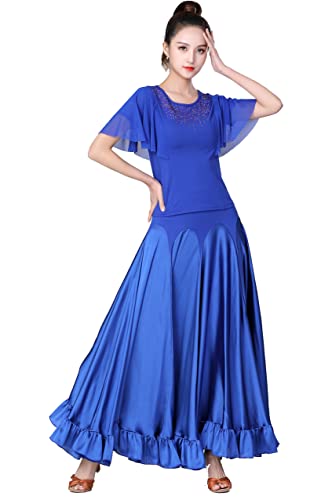 Women's Latin Ballroom Salsa Rumba Tango Practice Dance Top Dancing Shirt (L, Blue)