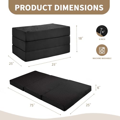 Image of CYMULA Folding Mattress Single Size,6 inch Tri-Fold Floor Mat for Naps,Black
