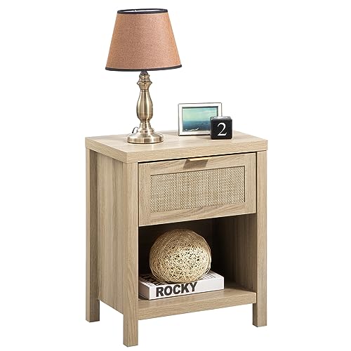 SICOTAS Rattan Night Stands, Farmhouse Nightstand Boho End Side Table Bedside Table with Drawer and Open Shelf for Bedroom, Light Oak