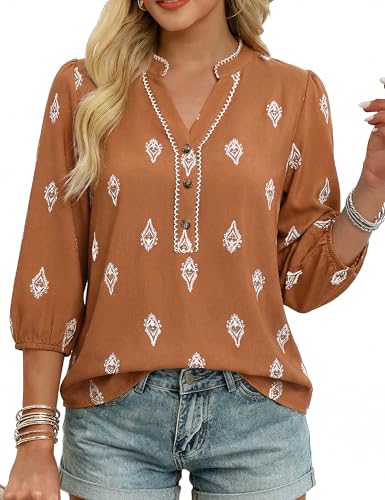 GRACE KARIN Boho Tops for Women Summer, Dressy Casual Floral Blouses, V Neck Button Up 3/4 Sleeve Shirts for Vacation Brown XL