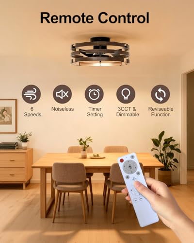 Image of Roomratv Rustic Fandelier Flush Mount Ceiling Fan with Lights,20'' Low Profile Caged Ceiling Fan with Remote,Farmhouse Bladeless Enclosed Small Fan Light Fixtures for Kitchen Bedroom
