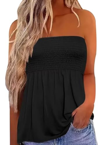 NFPNAKC Solid Color Sleeveless Backless Shirt Women Ruffle Tunic Off The Shoulder Tube Tops Flowy Holiday Casual Basic Blouse（Medium,Black