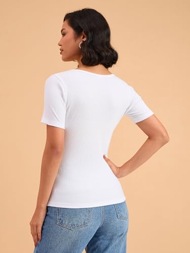 Image of barcino Beige Ribbed V-Neck Short Sleeves Top