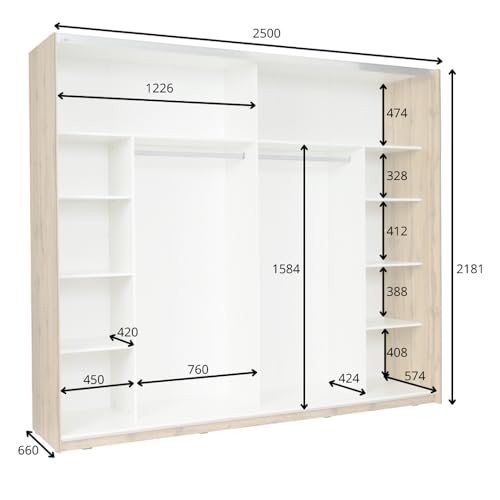 Lomadox Schlafzimmer Set Eiche mit weiß 5-teilig Kleiderschrank 250 cm Bett 160x200 cm inkl. Lattenrost Nachttische Kommode Doppelbett Ehebett Bettgestell – Bild 4