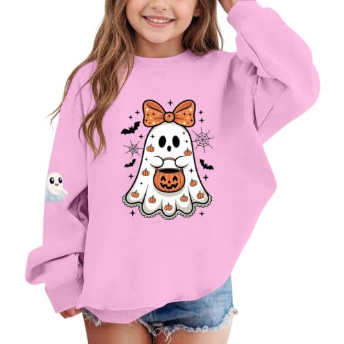 Girls Bow Ghost Pumpkin Bucket Spider Web Halloween Crewneck Sweatshirt - image 4