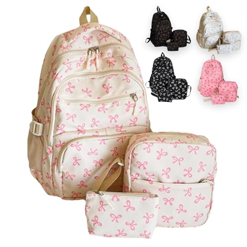 Pink Bow Backpack 3pcs Set,Coquette Cute Aesthetic Bow Backpack, Kawaii Nylon Backpack Set Large Capacity (Pink)