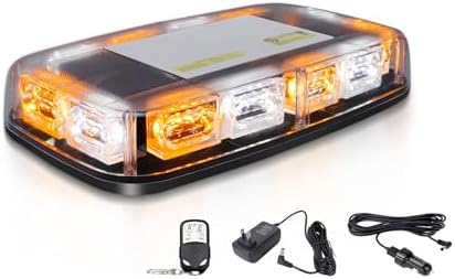 OPP ULITE Rechargeable Led Strobe Light Remote Control Wireless Battery, 17 Flashing Mode, High Low Brightness, 48-Led, Beacon Roof Top Flash Warning Lights for Vehicles Trucks, 1PC Pack, White Amber
