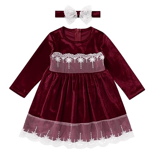 Toddler Velvet Christmas Dress Baby Girls Long Sleeve Velvet Lace Dresses with Headband 2PCS Princess Pageant Birthday Holiday Party Dresses Fall Winter Outfit Wine Red-Lace 12-18 Months: Clothing, Shoes & Jewelry