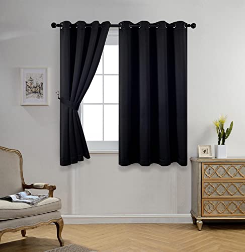 Miuco Room Darkening Grommet Thermal Insulated Blackout Window Curtains Panels For Gilrs Room Window 1 Pair 52X63 Inch Black, Bonus 2 Tie Backs Included #TOP1