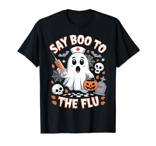 Retro Nurse Ghost Halloween Vaccine Say Boo to The Flu T-Shirt